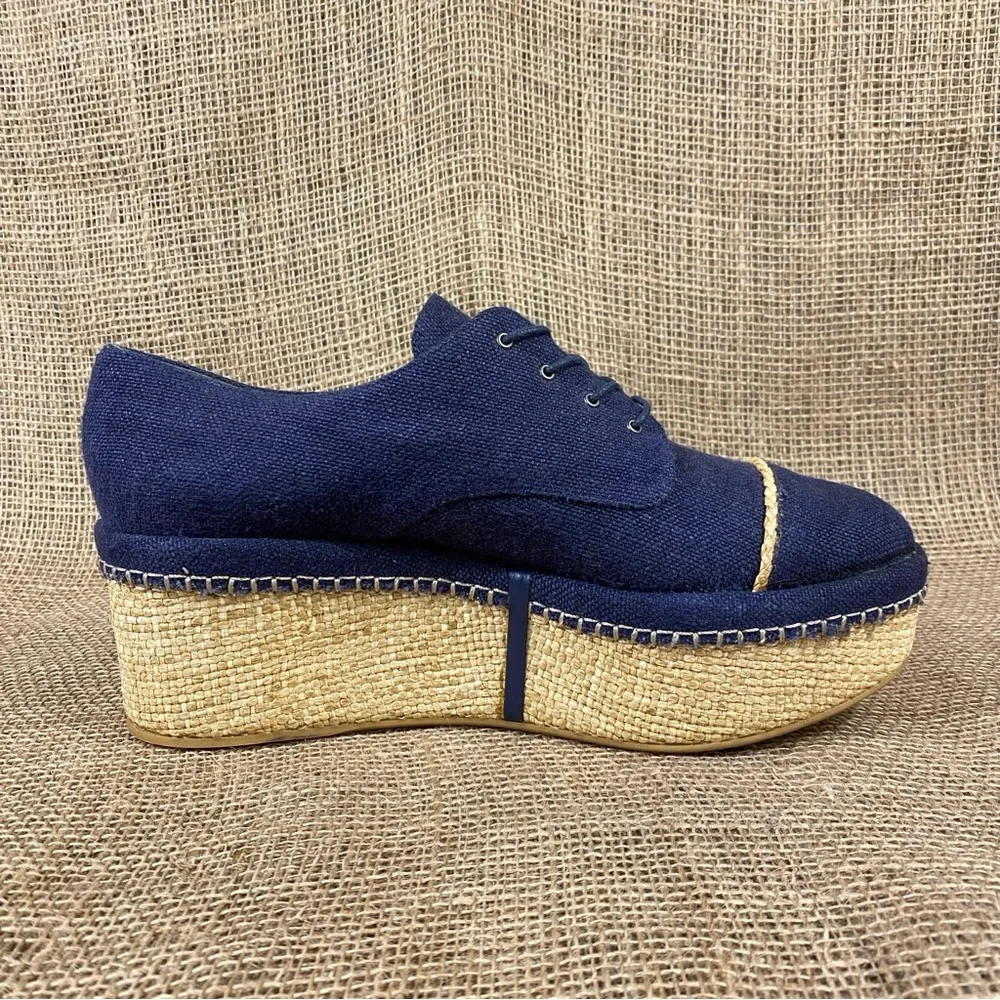 Stuart Weitzman Navy Blue Canvas Platform Espadrille Lace Up Oxford Shoes Size 9
